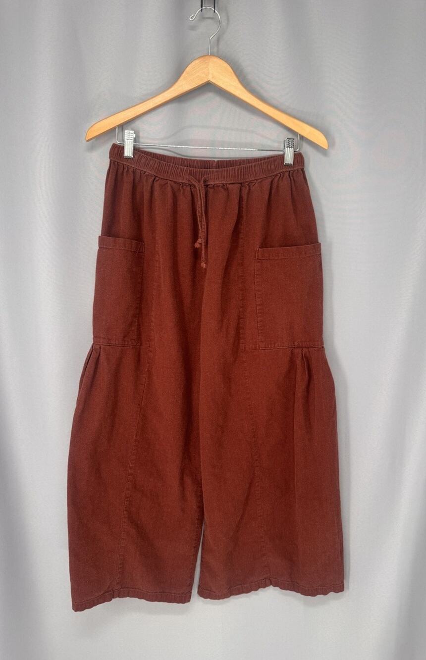 Linen Pants XL Rust Red Elastic Waist Baggy Wide Leg High Rise Boho Pockets